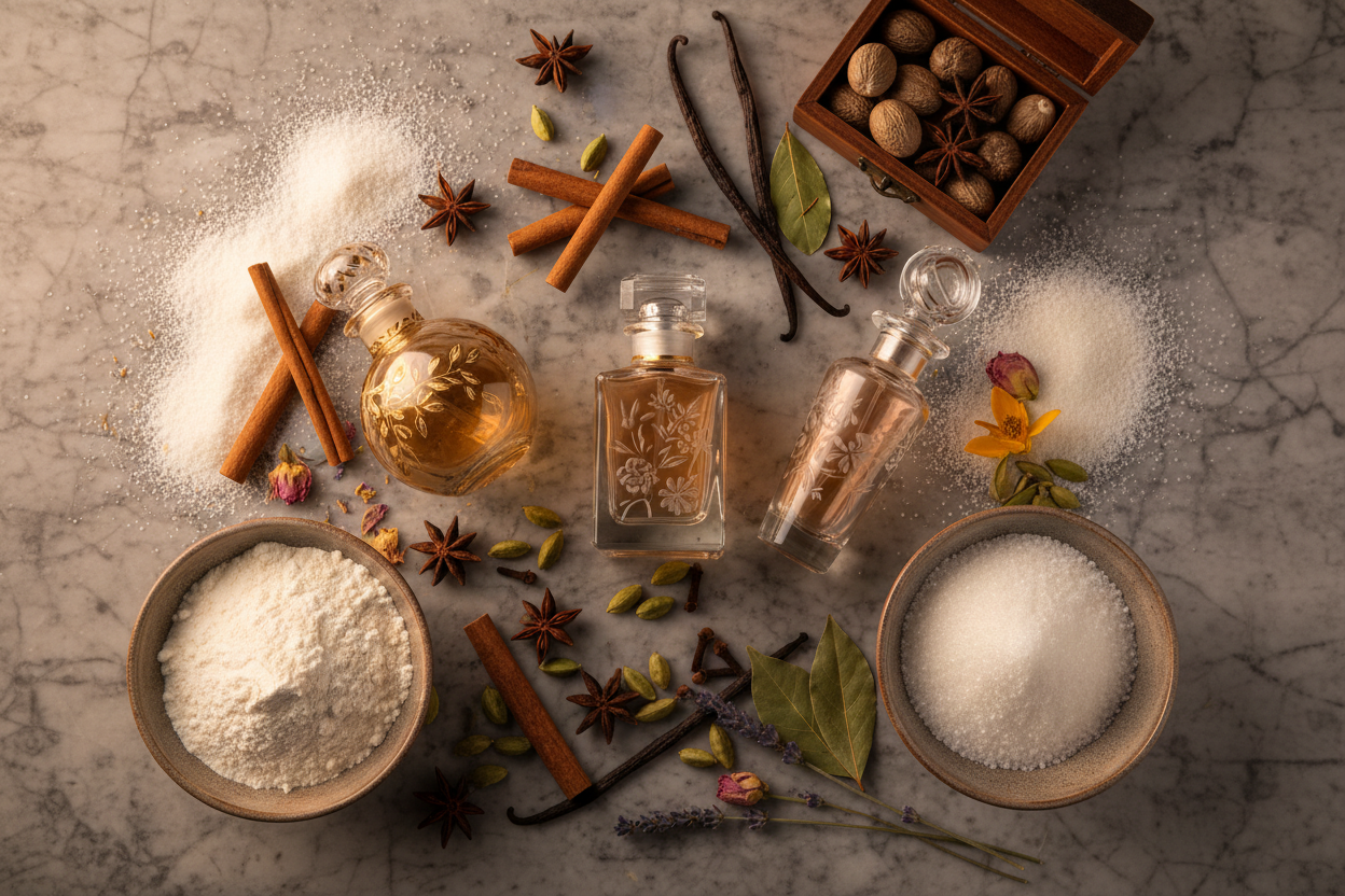 a picture with perfumes spices flour sugar etc