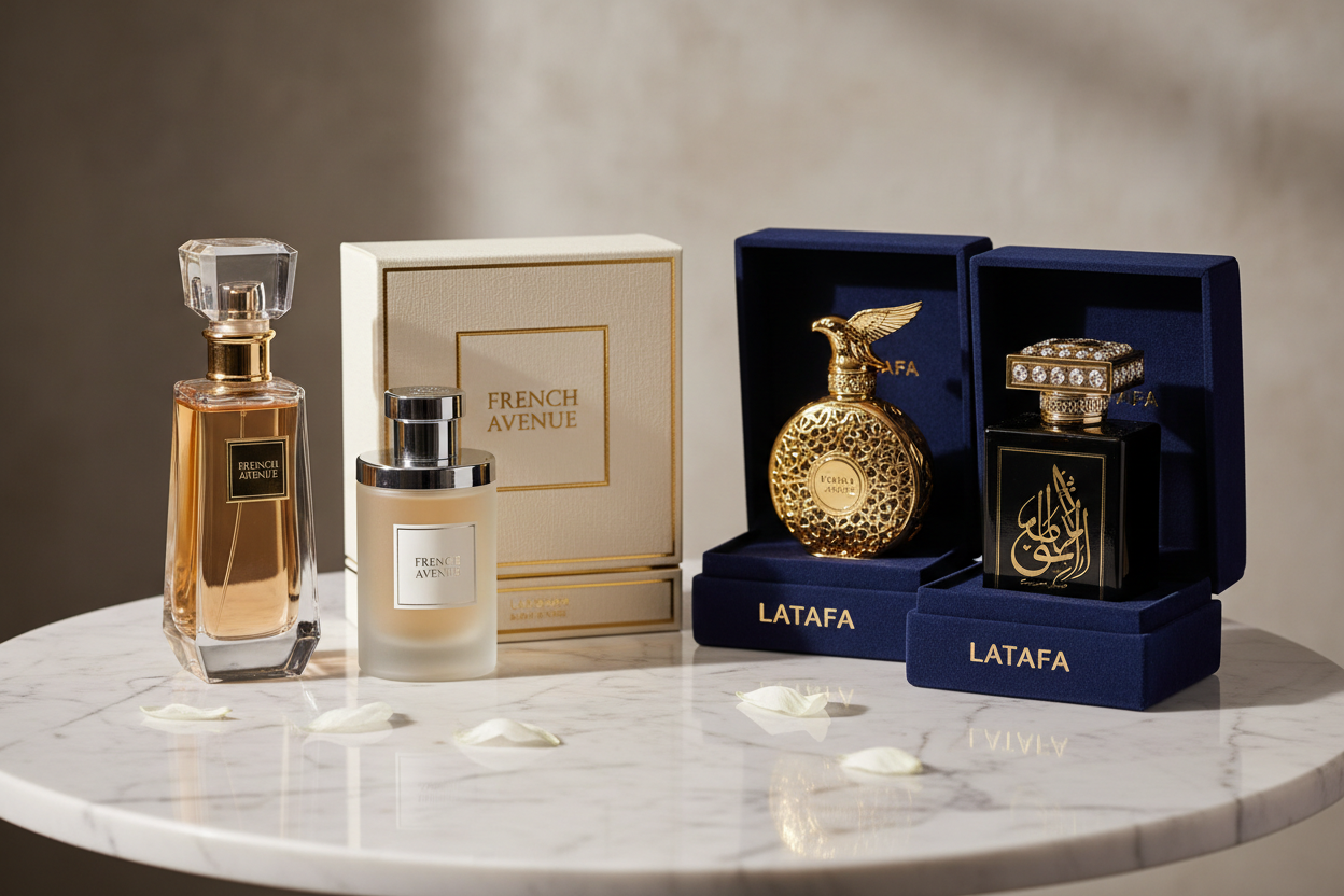 make fench avenue and lattafa perfumes on table 
